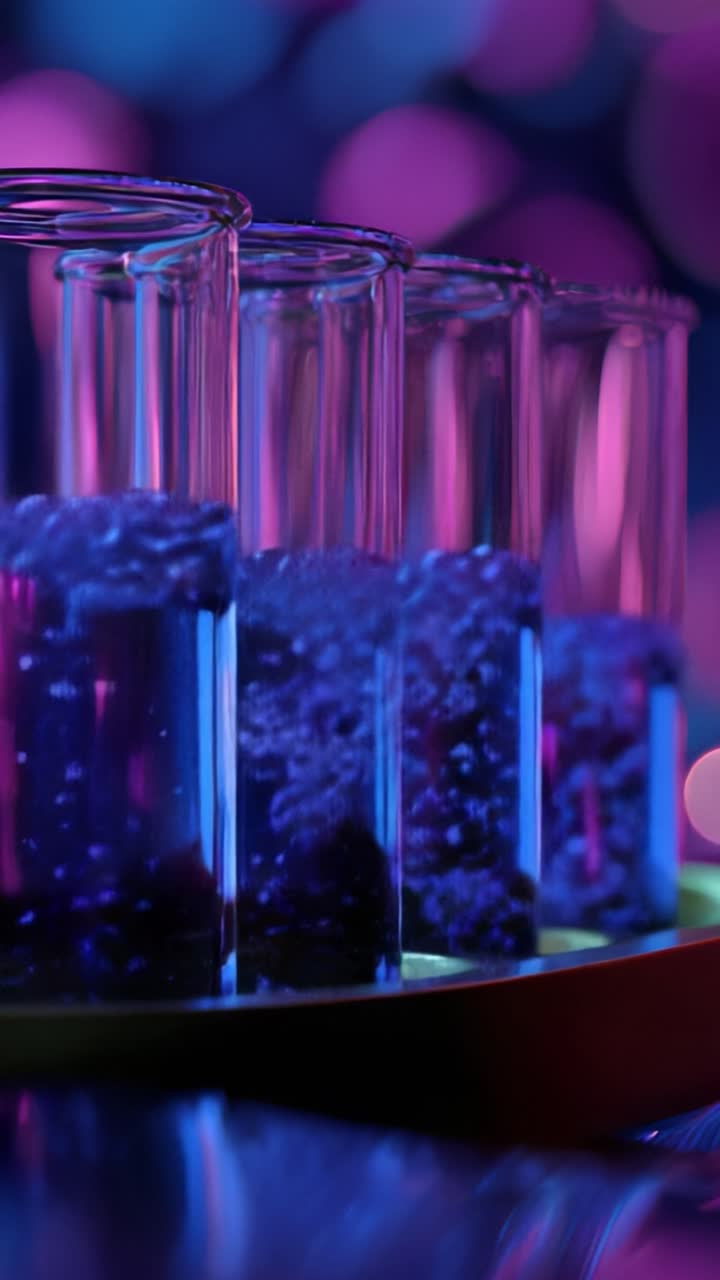 Bolle colorate in provette: un primo piano di sperimentazione scientifica con fluidi luminosi e luci di sfondo vivaci che creano un'atmosfera dinamica