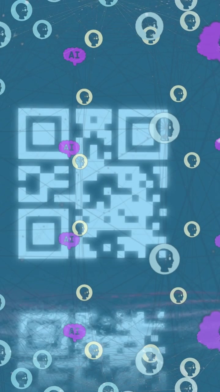 Animation of icons forming globe, ai texts in brains over qr code between arrows