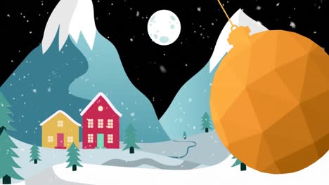 Animación-De-Nieve-Cayendo-Y-Adorno-Navideño-Naranja-Balanceándose-Sobre-Un-Paisaje-Invernal