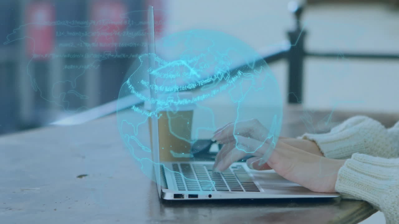 Animation of network of connections and globe over caucasian woman using laptop