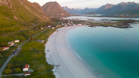 aerial view of ramberg beach bay with mountains landscape in the background