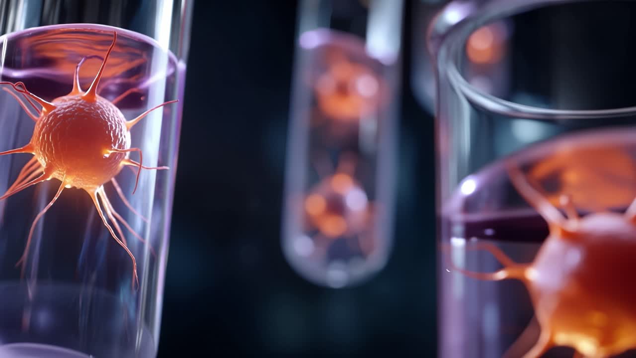 Esplorazione ravvicinata di cellule vivaci in provette di vetro che mostra l'intricata struttura e le caratteristiche uniche di forme di vita biologiche in condizioni di laboratorio.