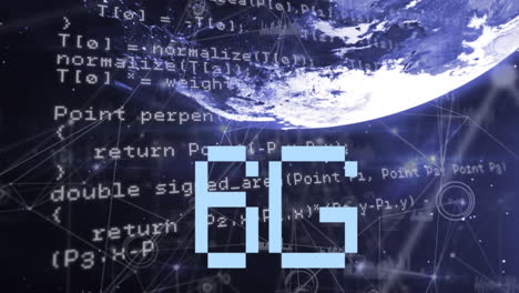 animación de texto 6g y lenguaje informático sobre puntos conectados, iconos de gráficos y globo