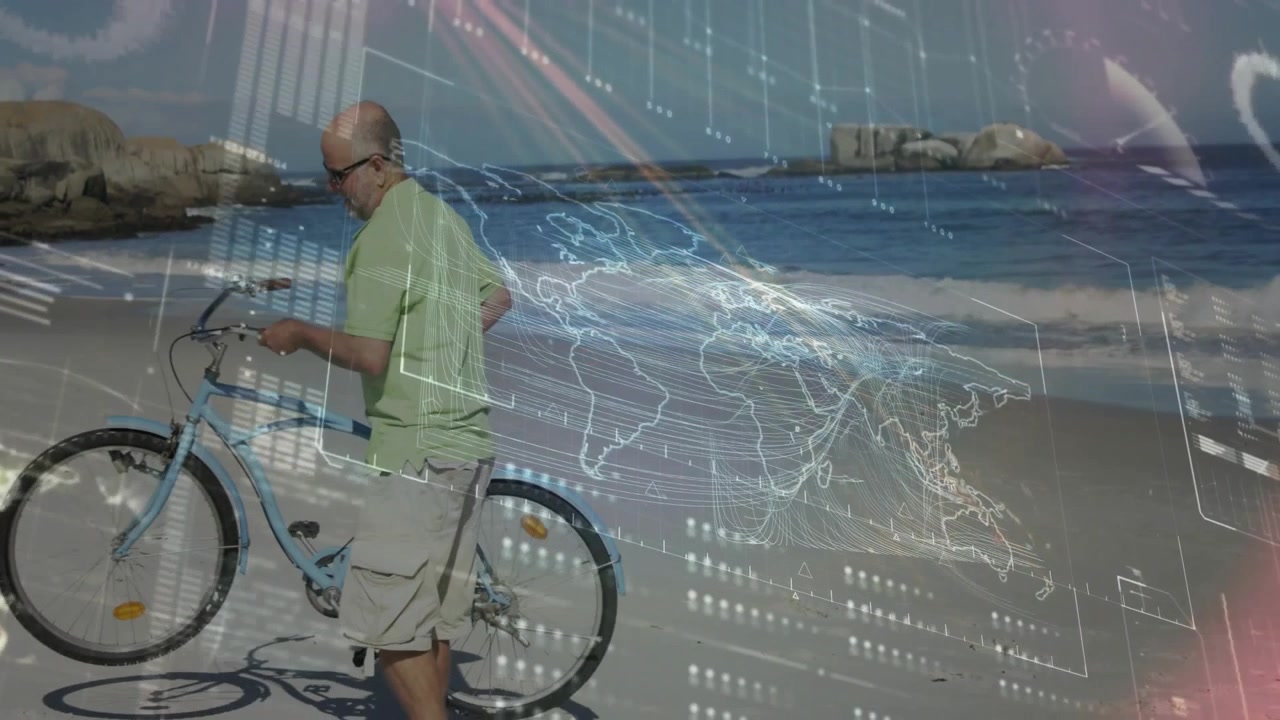 Ældre mand holder cykel og skubber langs kystlinjen med teknologisk kort, der illustrerer global analyse