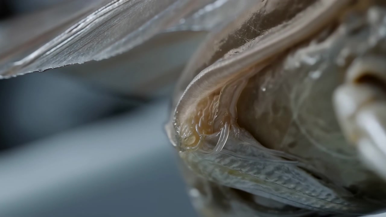 Extreme macro view of translucent insect wing and glossy body detail with soft focus head, tightly cropped diagonal composition, shallow depth, smooth blur, cool gray blue light, delicate natural