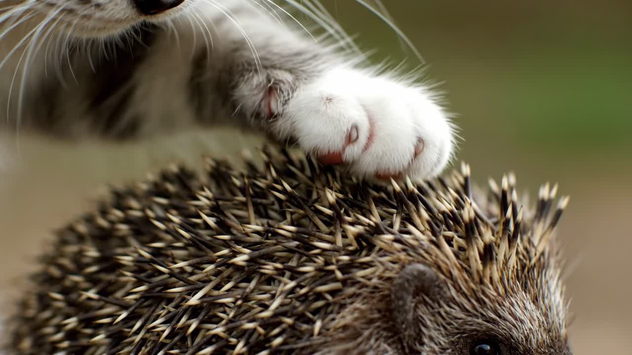 Katze berührt einen Igel