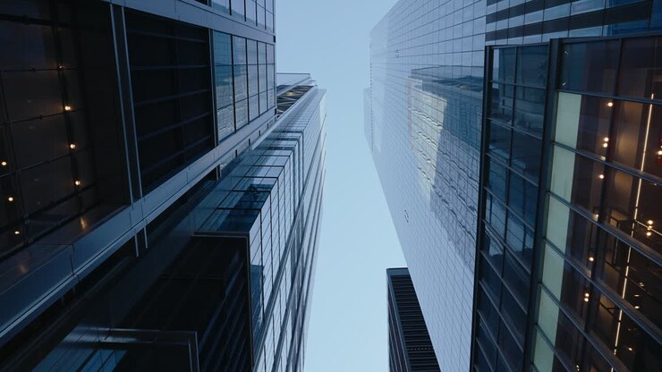 Looking Up at Skyscrapers in a City