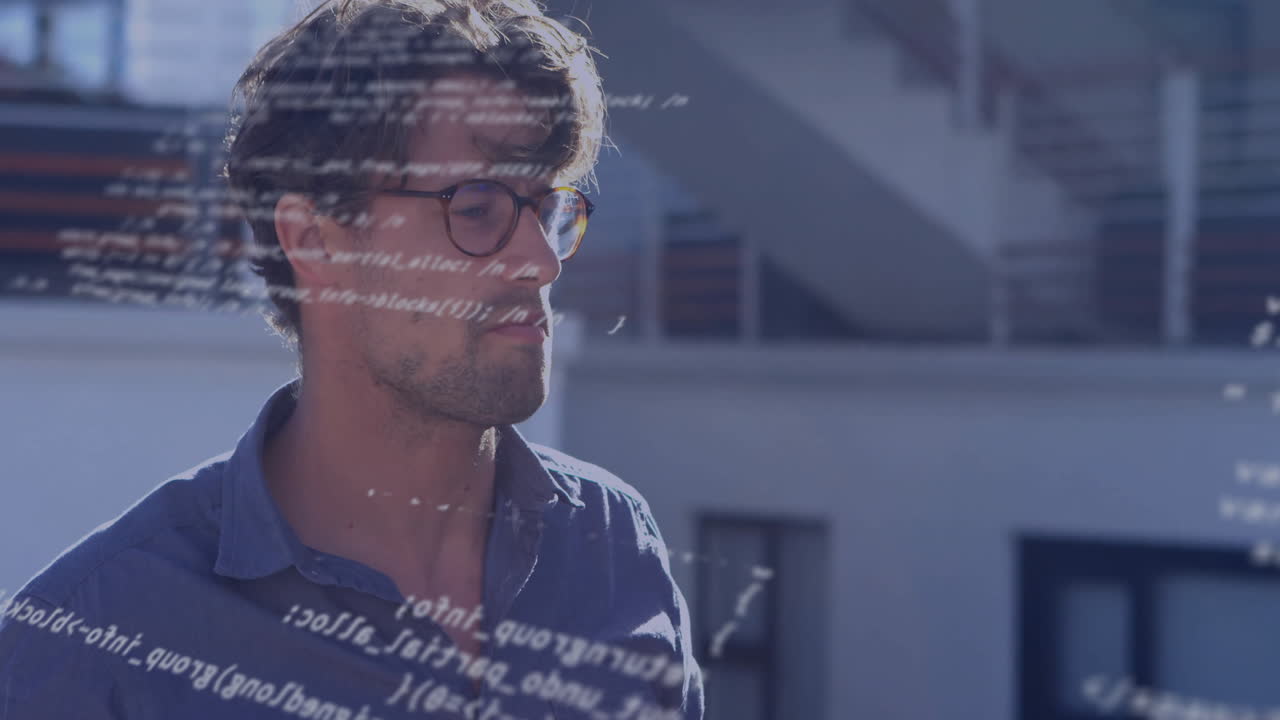 Man analyzing business data outdoors, with animated bar chart and line graph overlays