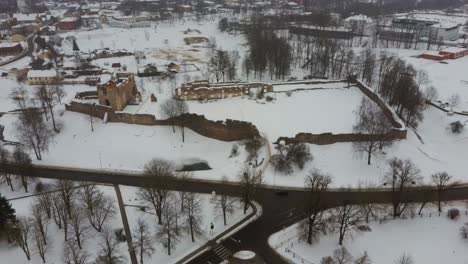 Ruins-of-Ancient-Livonian-Order's-Stone-Medieval-Castle-Latvia-Aerial-Drone-Top-Shot-From-Above