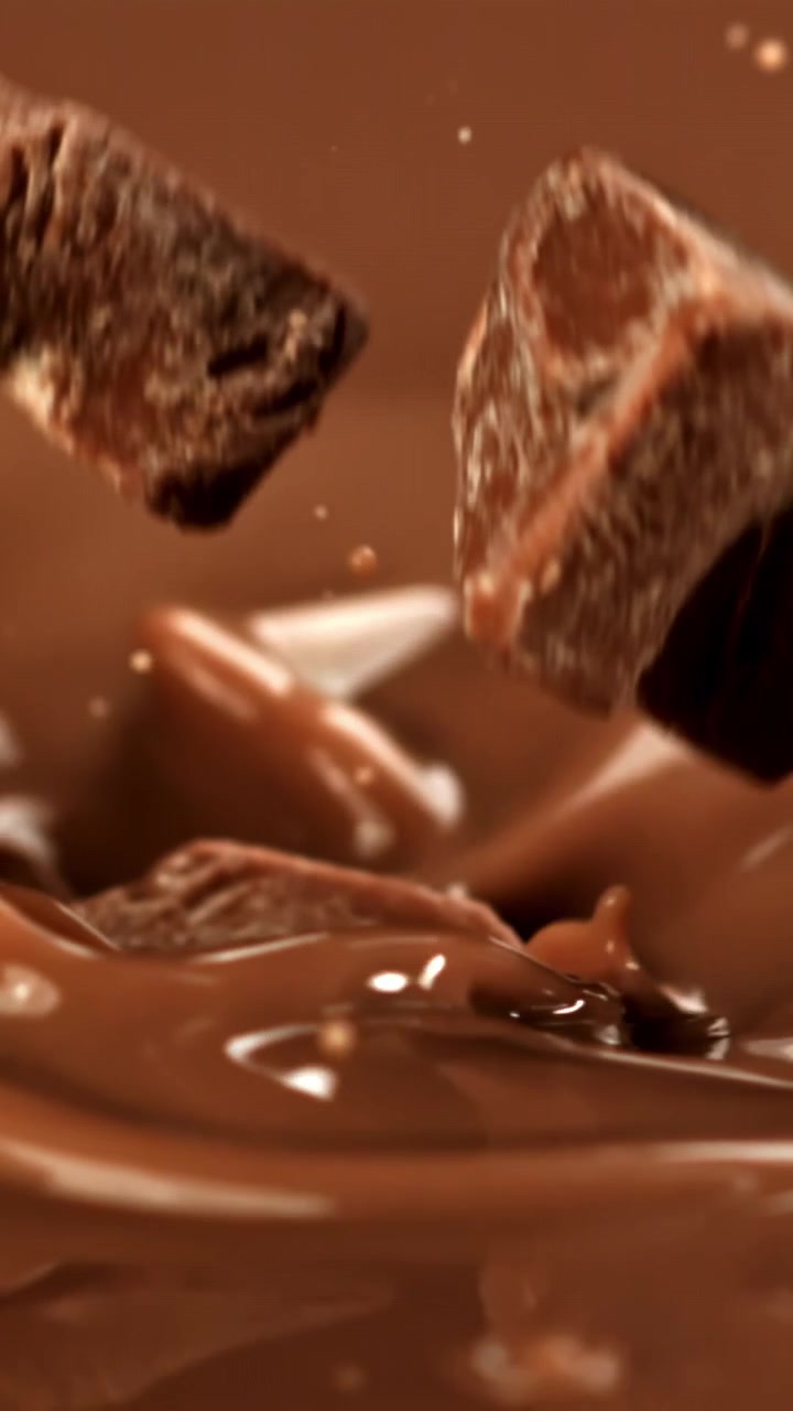 Gerakan Lambat Potongan Cokelat Terciprat ke dalam Cokelat Leleh