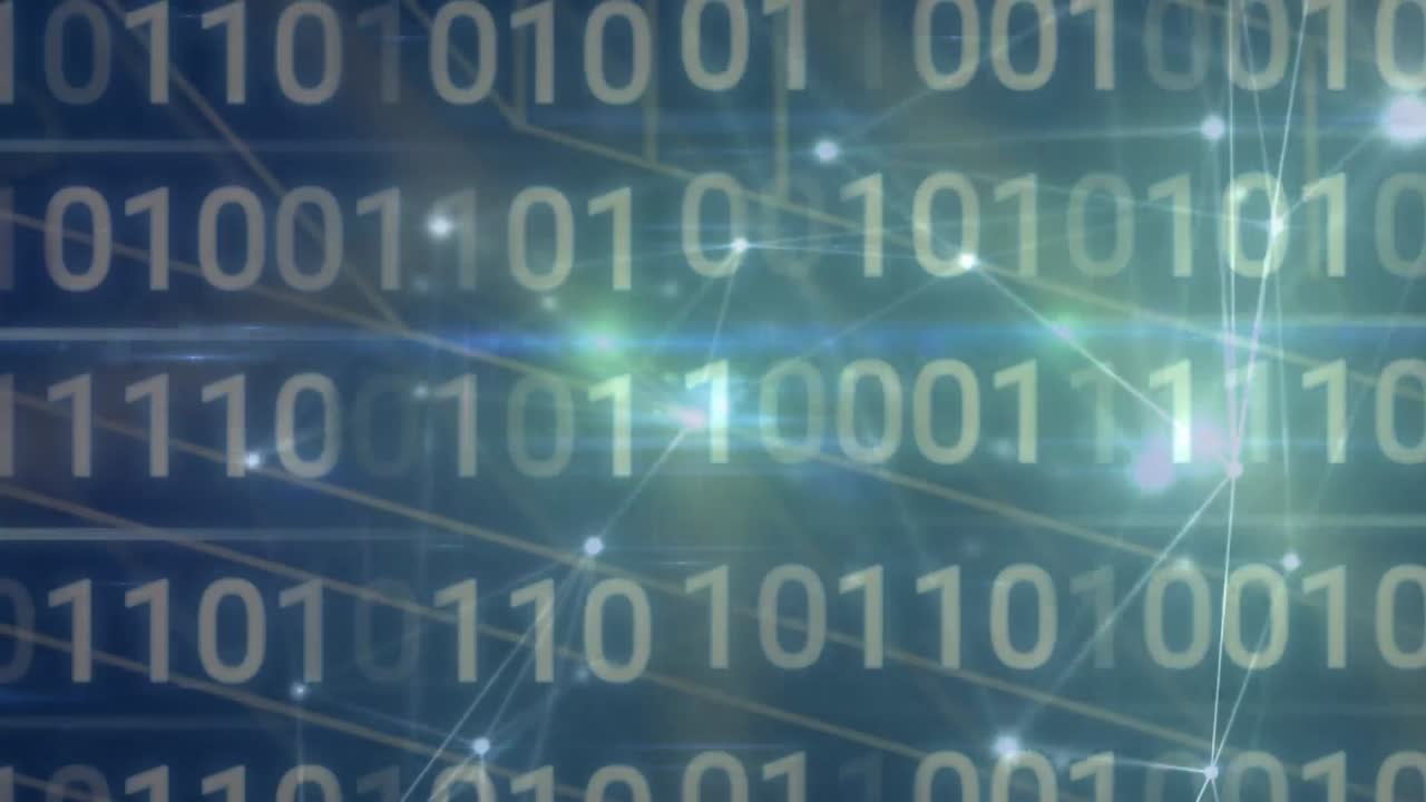 Animation of networks of connections and data processing over black background