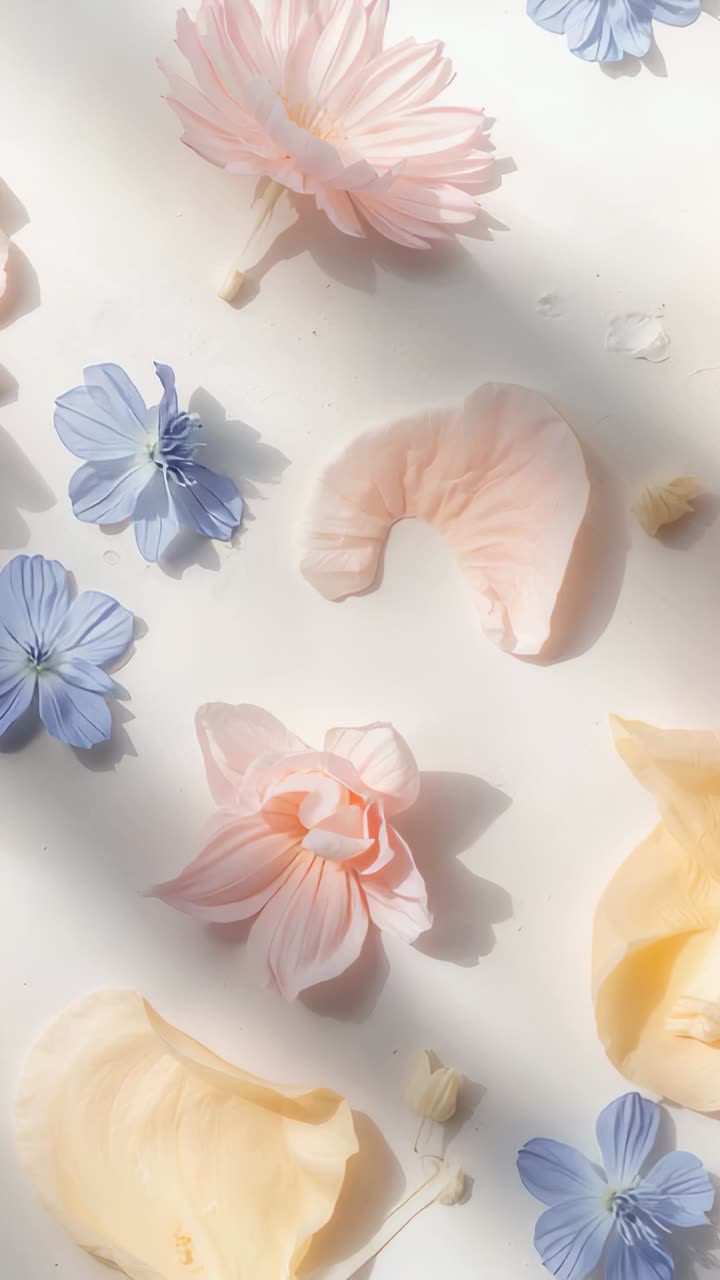 Video verticale: Mostra petali di fiori pastello sparsi su un lenzuolo bianco mentre foglie verdi passano vicine.