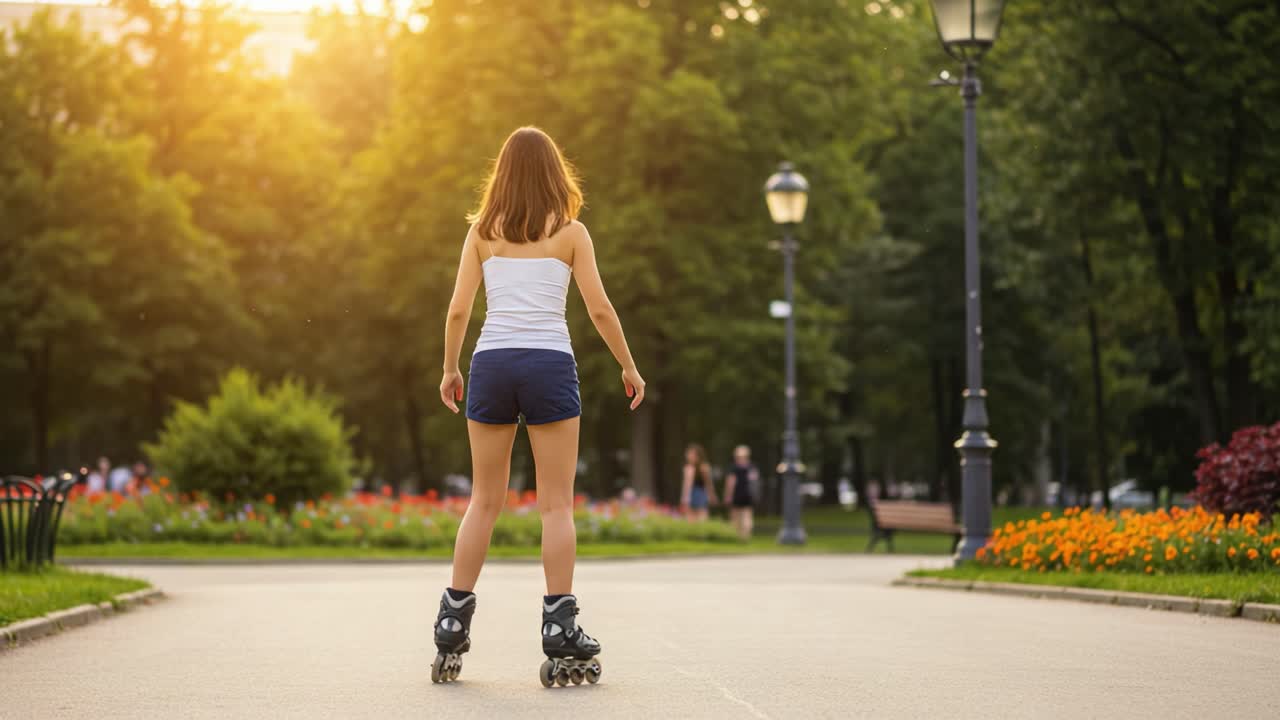 Woman Rollerblading in a Park at Sunset