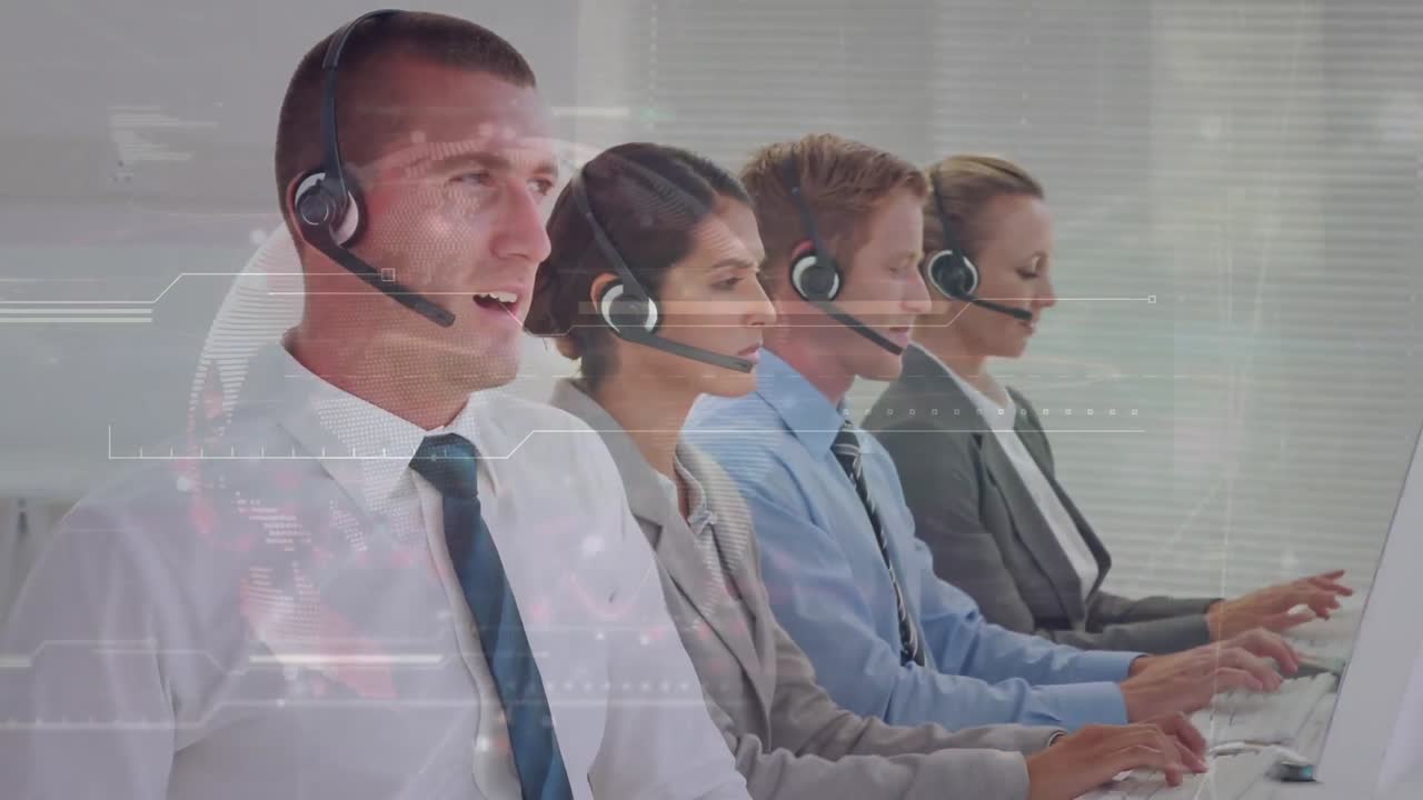 animación del procesamiento de datos sobre diversas personas de negocios que usan auriculares telefónicos