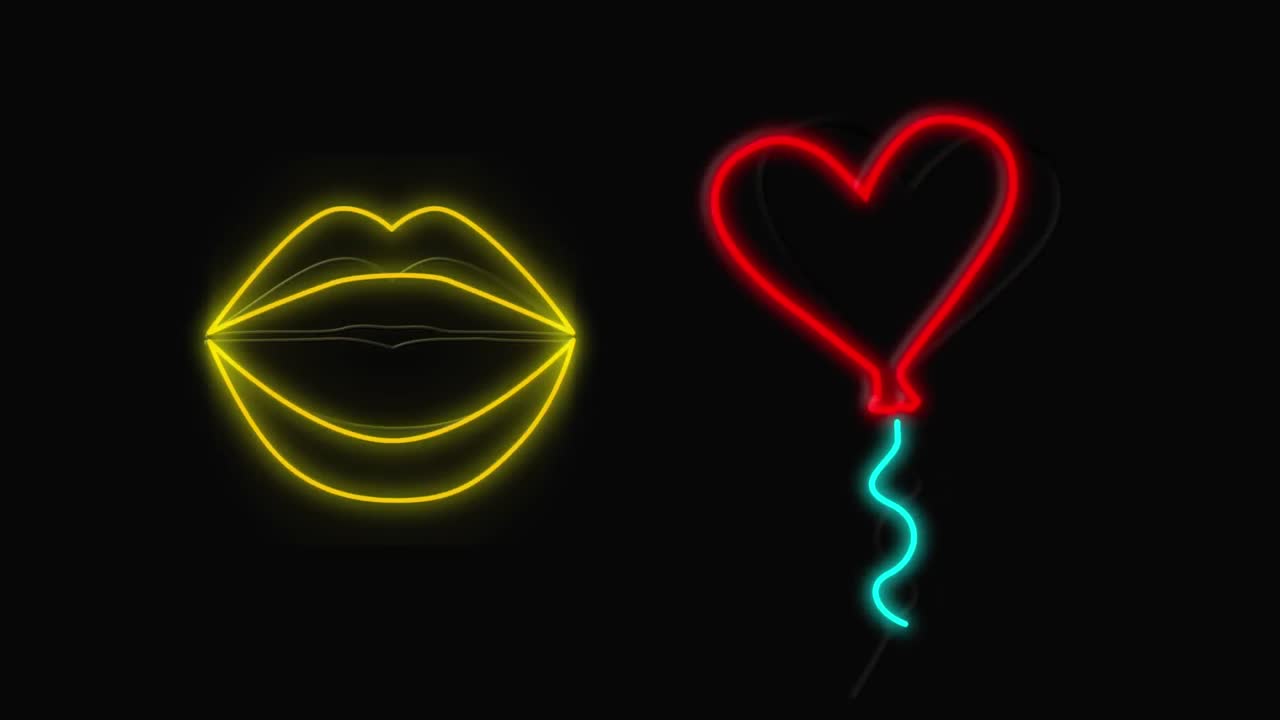 Neon sign showing lips and heart shaped balloon