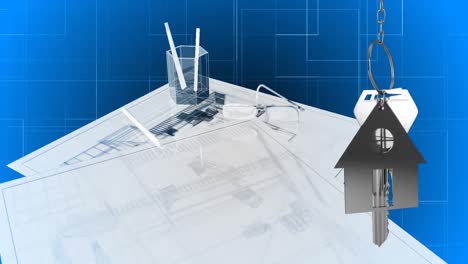 llaves de la casa y llaves colgando sobre el dibujo arquitectónico en el fondo
