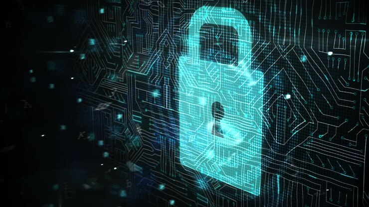 Futuristic padlock against digitally generated background