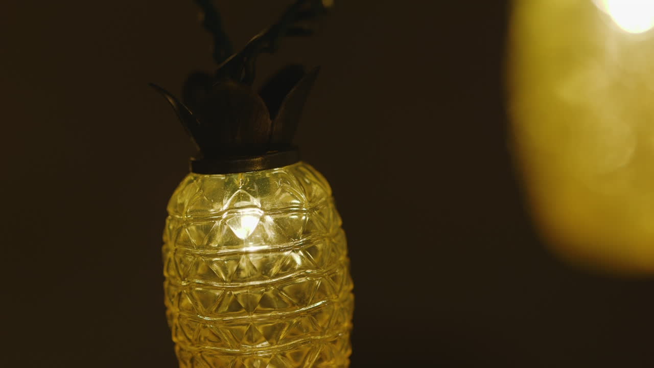 Hanging Pineapple String Lights Swaying, Close Up