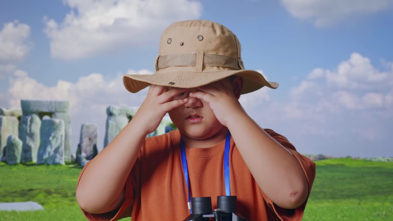 Asian Boy With A Hat Having A Headache After Looking Through The Binoculars. Boy Researcher Examines Something While Traveling In Stonehenge, Travel Tourism Adventure Concept, Close Up