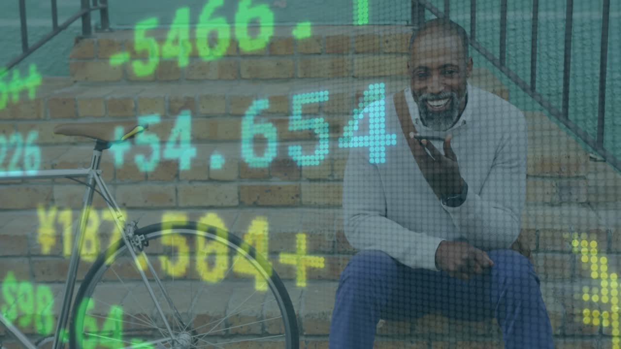 Man on steps raising smartphone and discussing finances while ticker scrolling and bumping friend