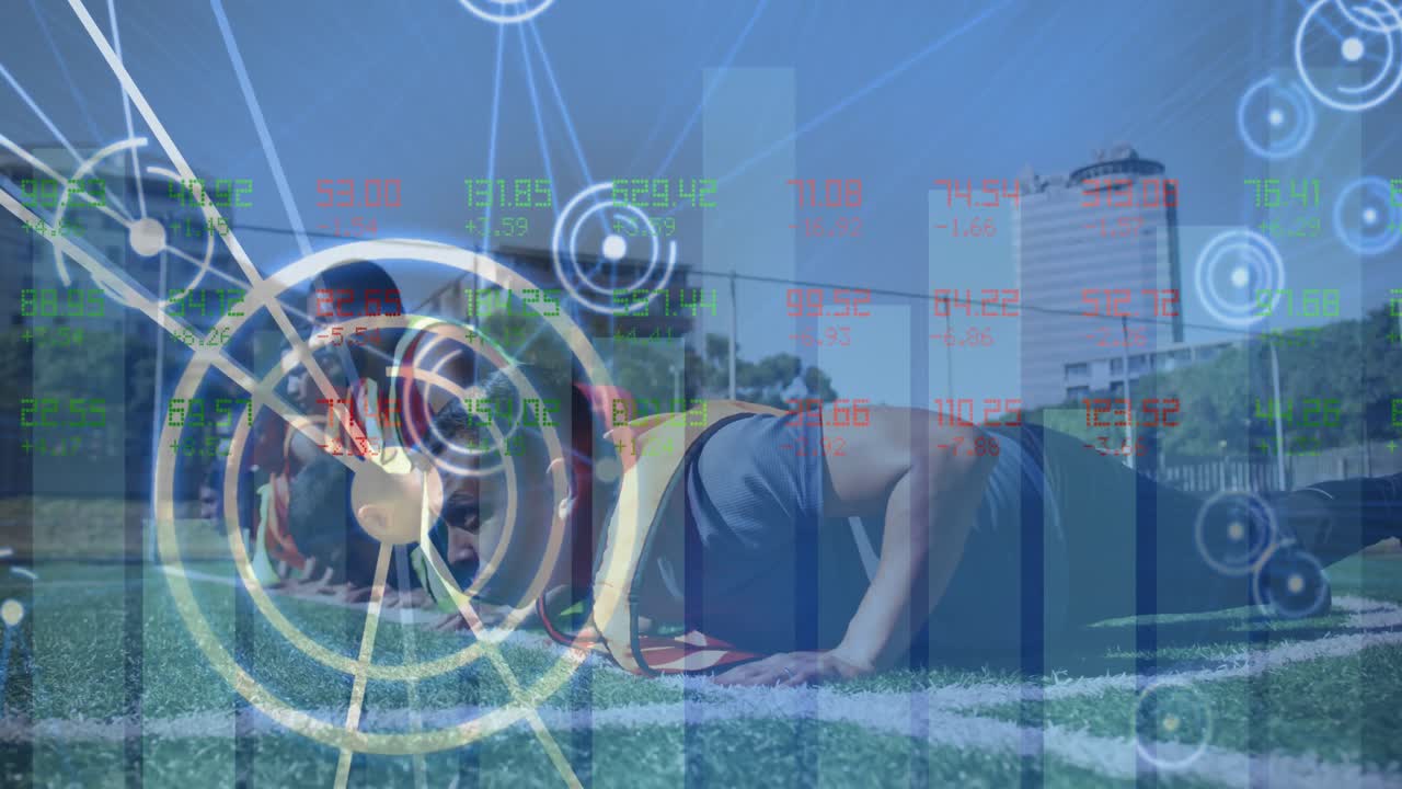 animación del alcance con una red de conexiones sobre un equipo de jugadores de fútbol masculino haciendo flexiones