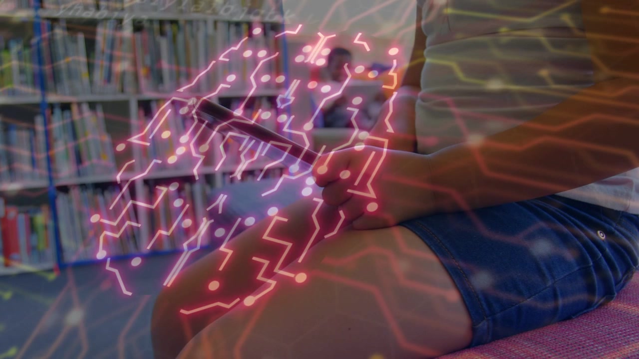Foreground child tapping and tilting tablet on lap, initiating neon circuit overlay for education