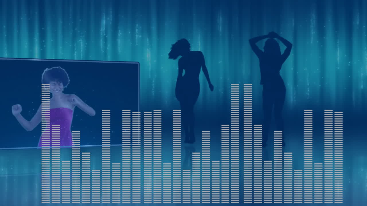 Dancing silhouettes with sound wave animation on blue background