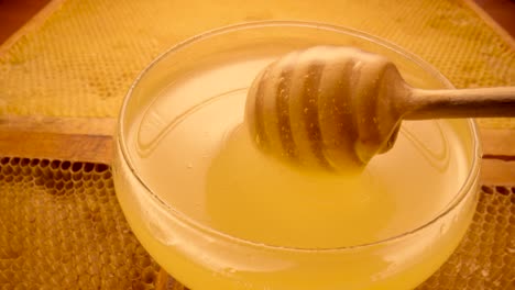 Honey dripping from a wooden honey dipper into a glass bowl resting on a honeycomb