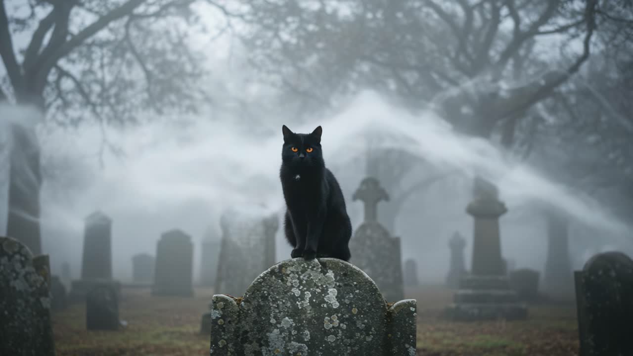 A Mysterious Black Cat in a Foggy Graveyard: Ethereal Atmosphere with Ghostly Wisps and Eerie Gravestones Capturing the Essence of the Supernatural