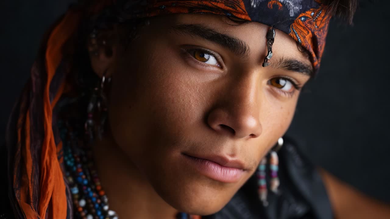 Portrait of a young man with amber eyes and headband