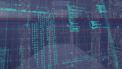 animation of glitch technique, computer language and circuit board pattern on server room