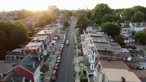 urban city establishing shot, aerial of row homes houses in residential city district ward in lancaster pennsylvania usa