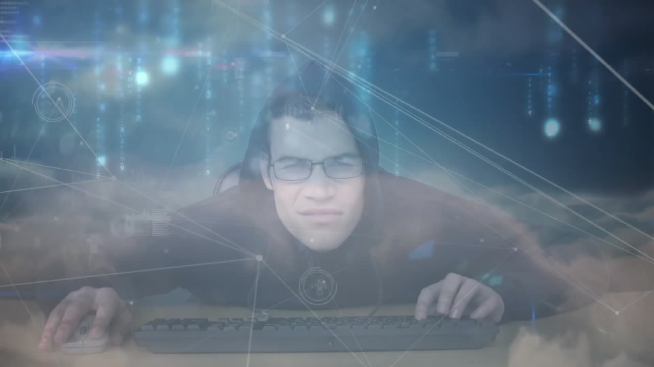 Man typing at desk in technology lab, featuring animated cloud visuals and glowing code streams