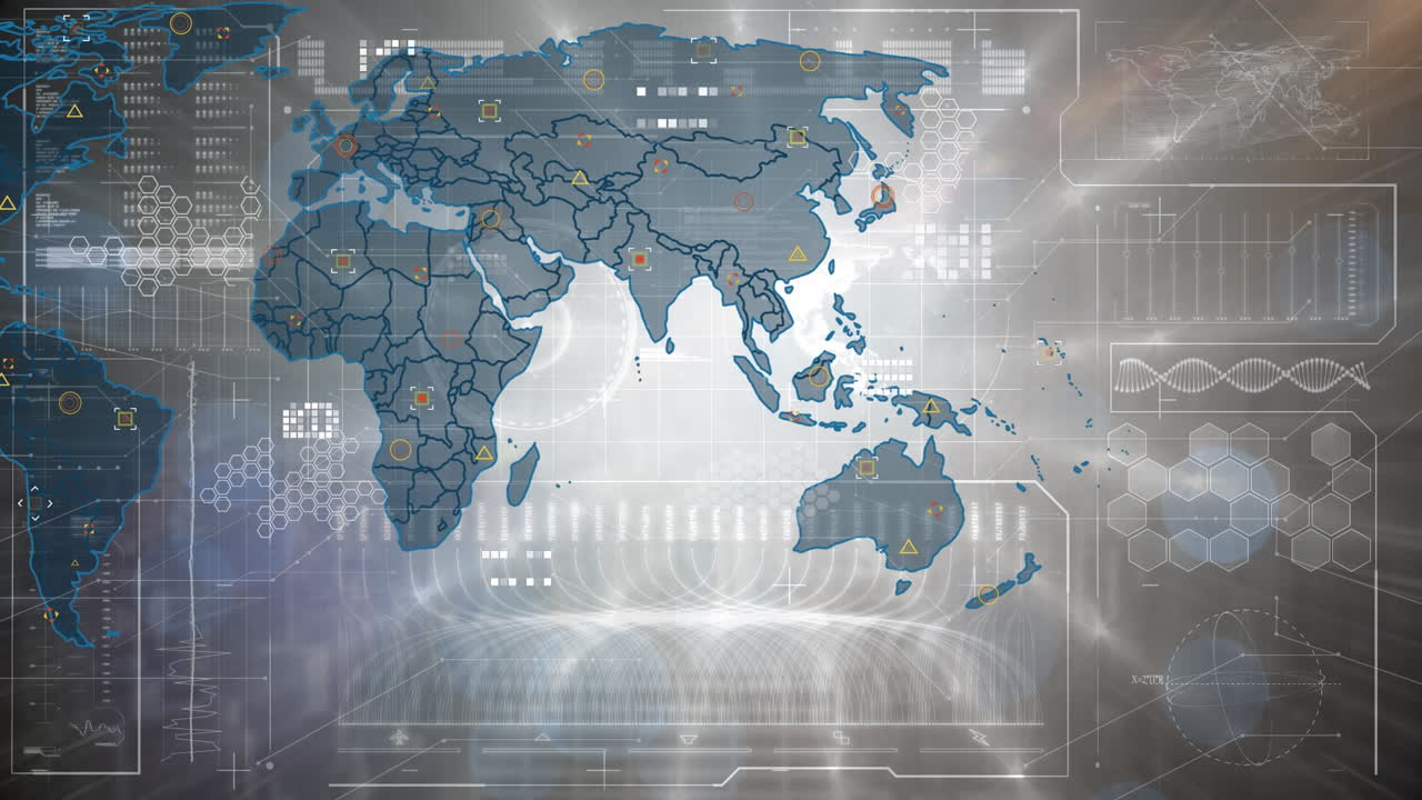 회색 배경에 대한 데이터 처리에 대한 인터페이스를 통해 세계 지도의 애니메이션