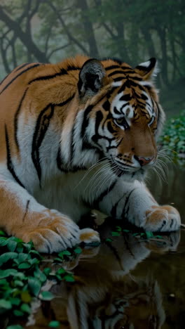 tiger in a misty forest at sunrise/sunset