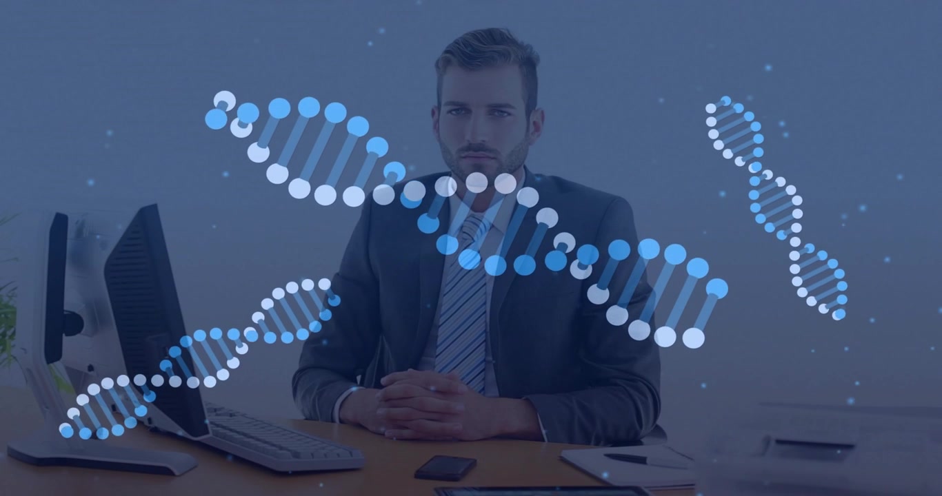 Office exec at desk, DNA helix overlay emerging, slowing typing and guiding biotech reviewing