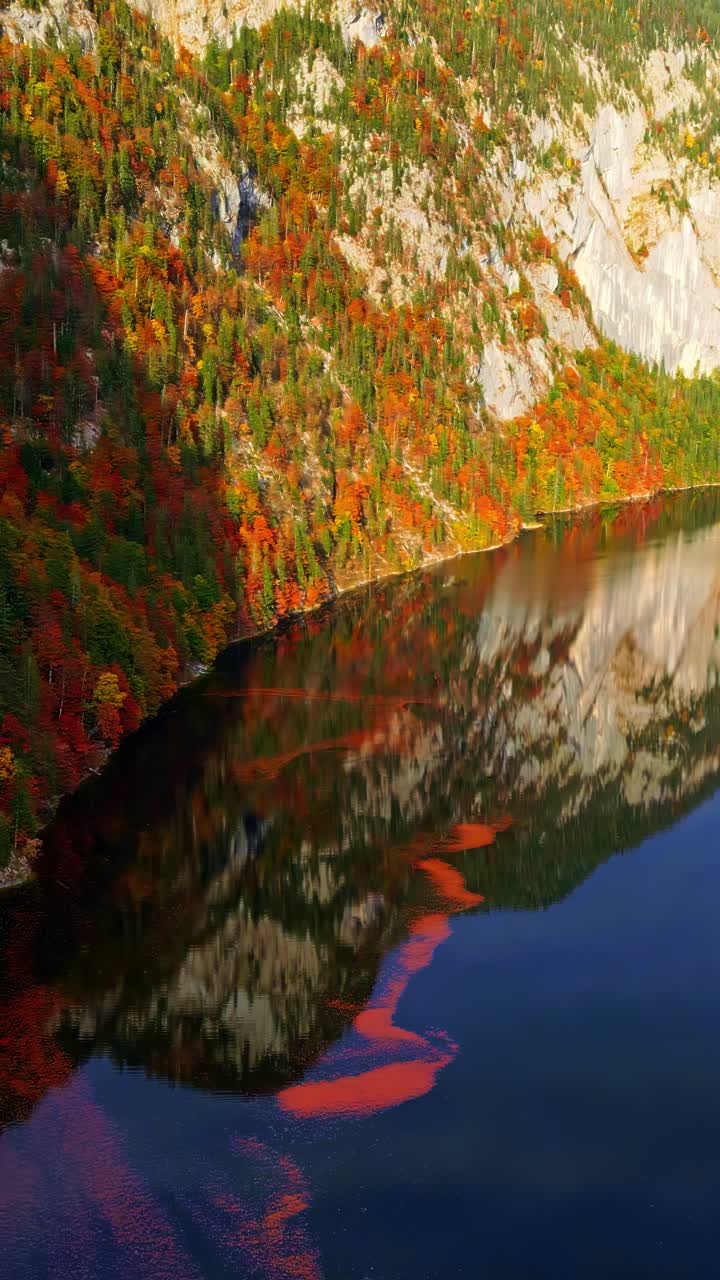 Riflesso di paesaggio autunnale in un lago sereno e fogliame dai colori vivaci