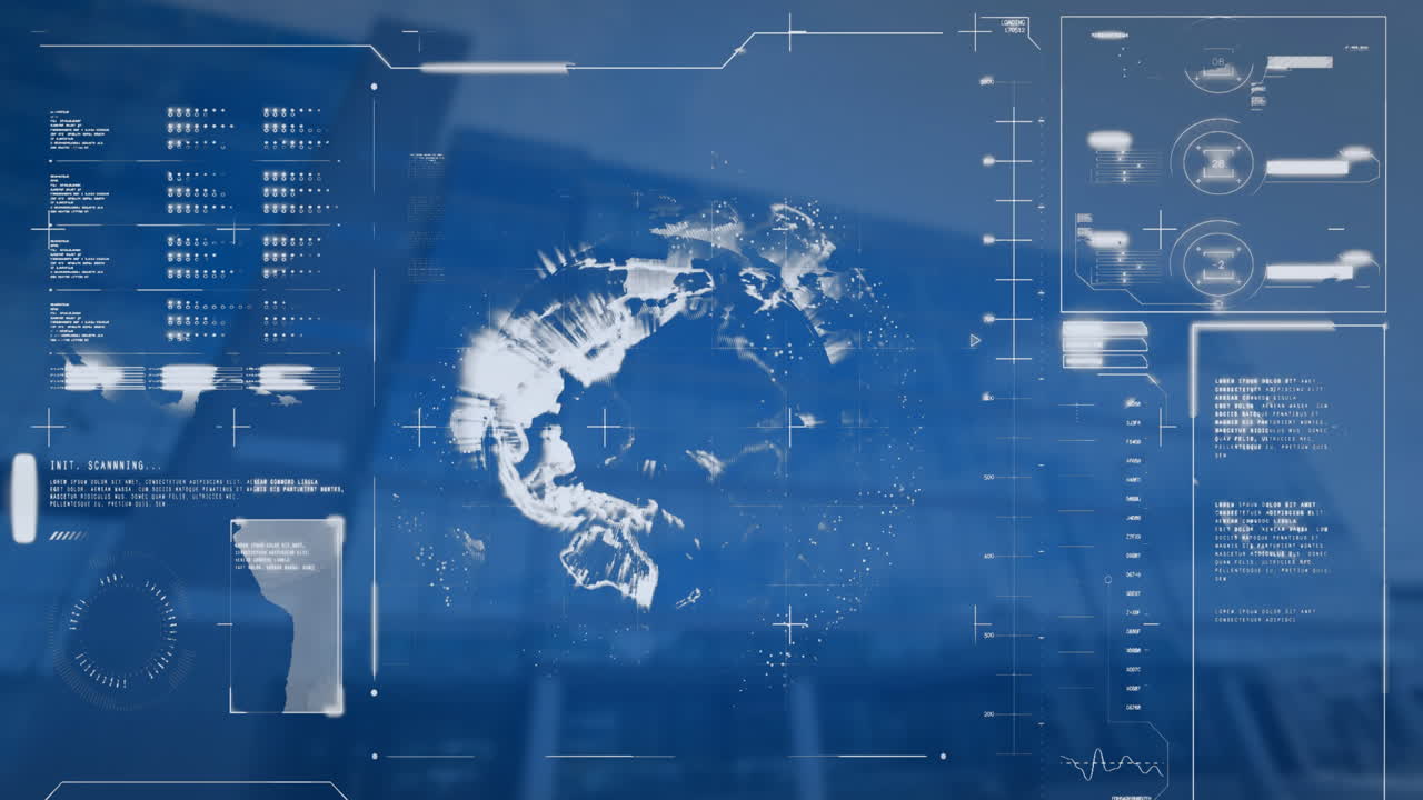 Animation of interface with data processing over globe against low angle view of tall building
