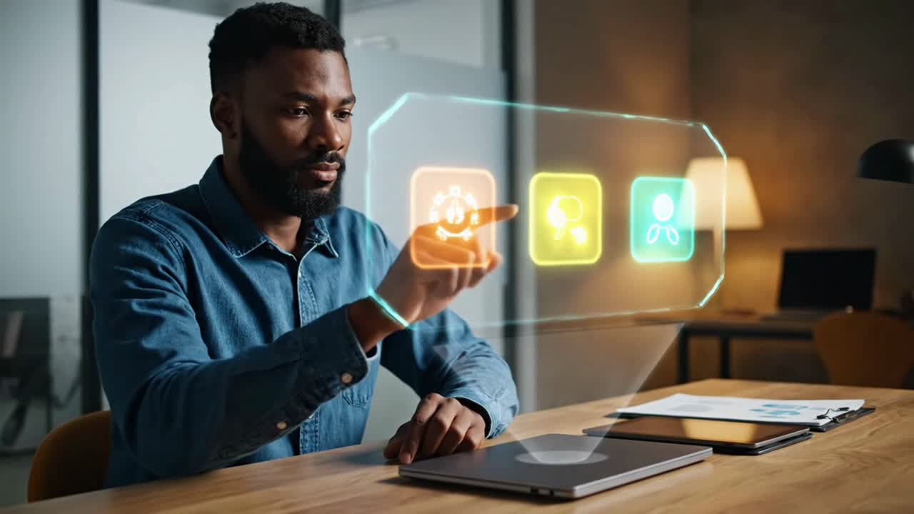 Man Using a Futuristic Holographic Touch Screen in a Modern Office