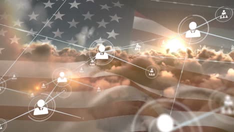 network of profile icons over waving us flag against clouds in the sky