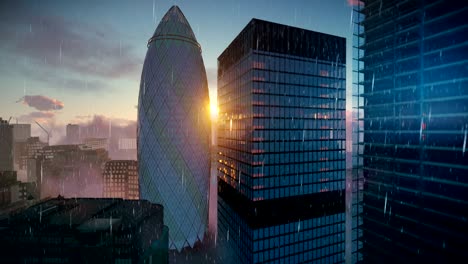 london, united kingdom [london beautiful sunrise over swiss reinsurance headquarters, the gherkin, raining]