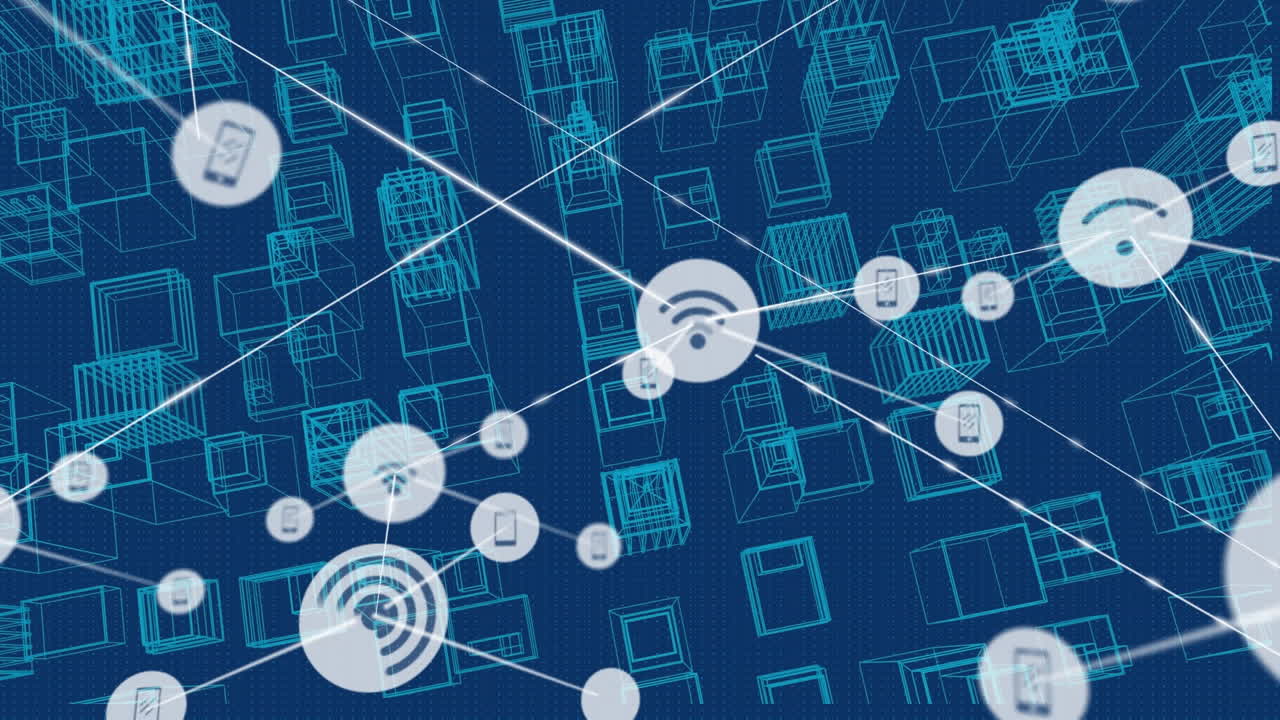 Animation of connected icons over aerial view of 3d model of buildings against blue background