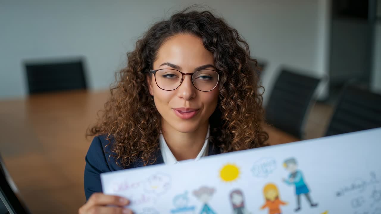 Greeting camera, woman wearing navy blazer glasses holding poster and explaining in meeting room