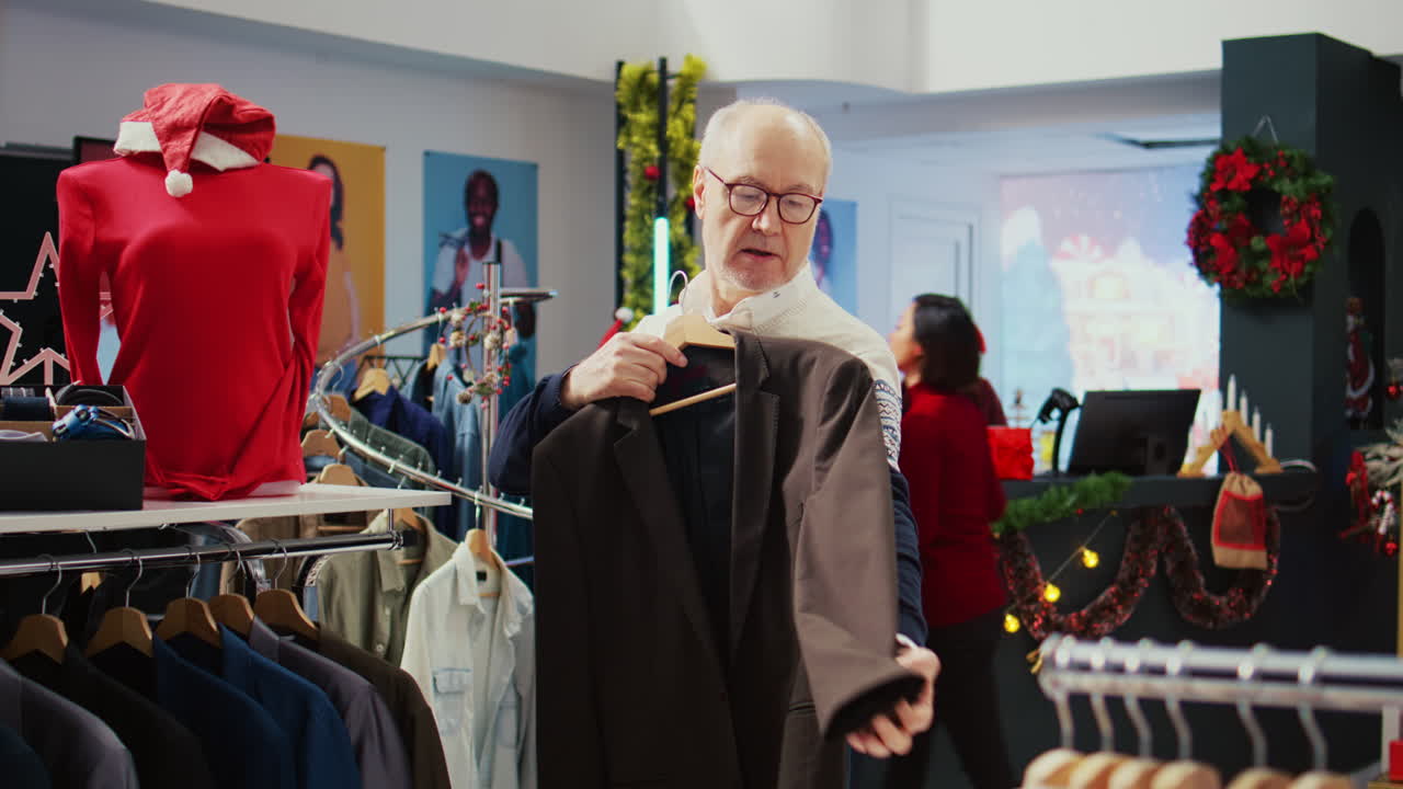 나이든 고객은 크리스마스 연휴 기간 동안 가족을 위한 선물로 세련된 블레이저를 구입하려고 옷걸이를 둘러보고 있습니다. 이상적인 선물을 찾는 노인 쇼핑객