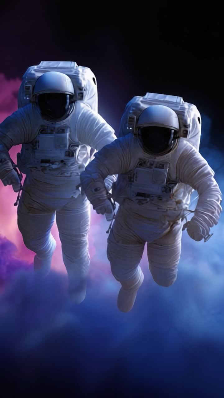 Two astronauts in space suits soar through a colorful nebula with ethereal clouds of vibrant colors, representing the thrill of exploration and adventure in the cosmos