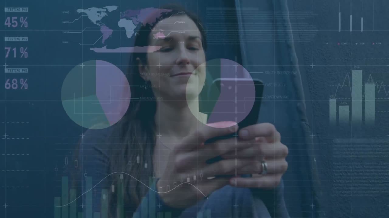 animación del procesamiento de datos estadísticos contra mujeres caucásicas que usan teléfonos inteligentes al aire libre