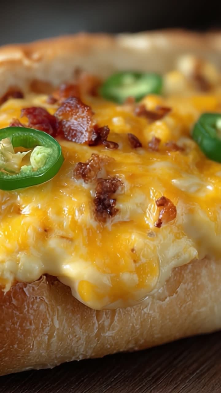 Lahodně sýrový zapečený pokrm s křupavou slaninou a čerstvými jalapeños, dokonale rozpuštěný a podávaný na křupavém chlebovém základu pro chuťový zážitek.