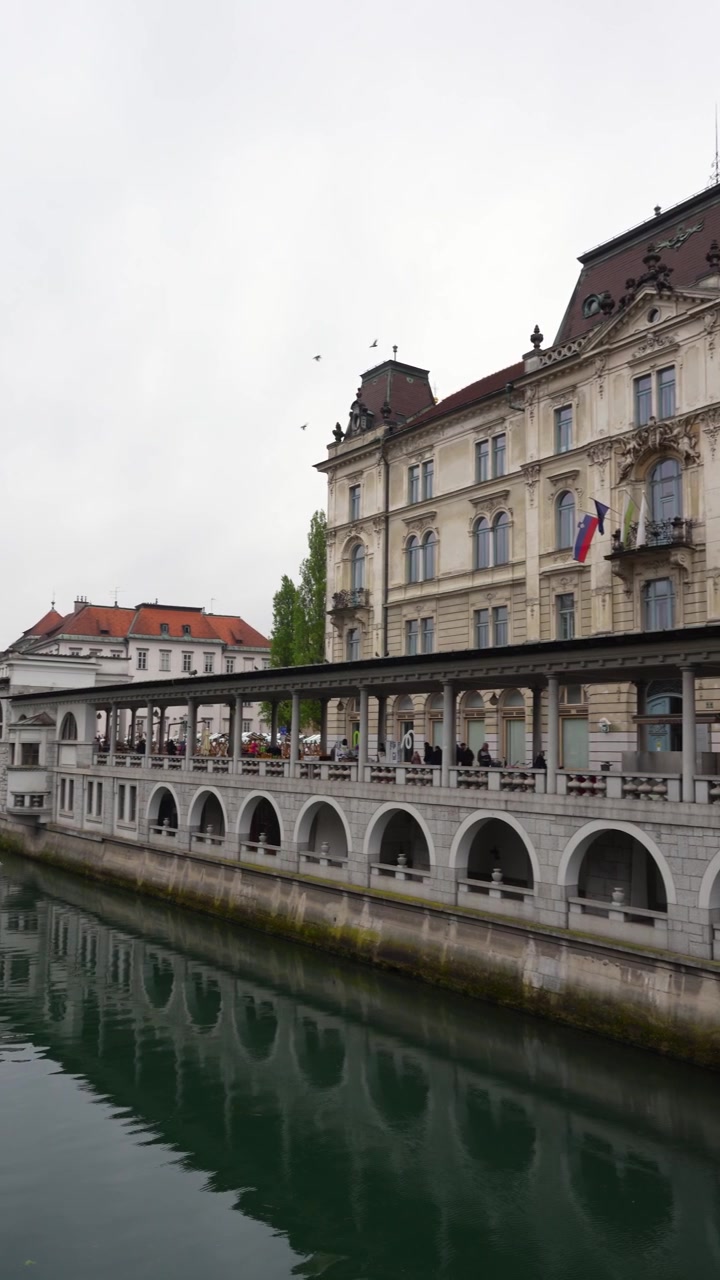 Tepi sungai Ljubljanica, Slovenia. Pengambilan gambar vertikal