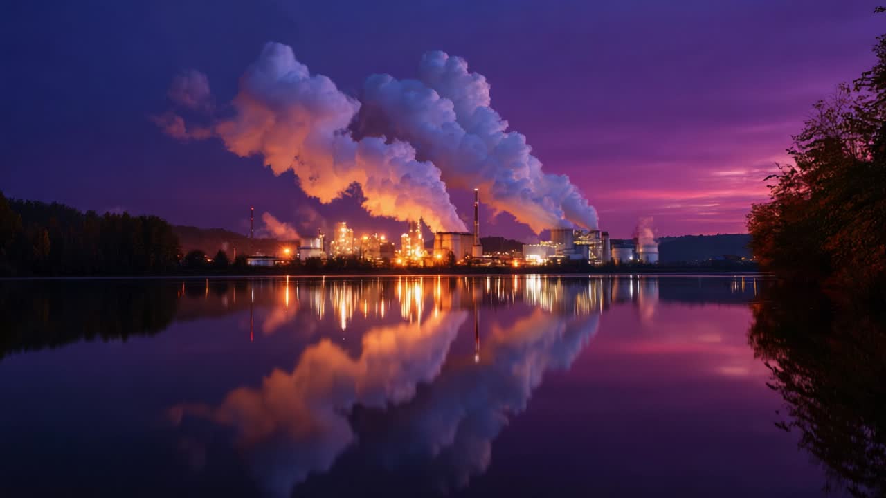 Dramatisk aften scene af industrielt kraftværk med farverig himmel reflekteret på roligt vand, der viser emissioner, der bølger midt i livlige farver af solnedgang og atmosfærisk landskab