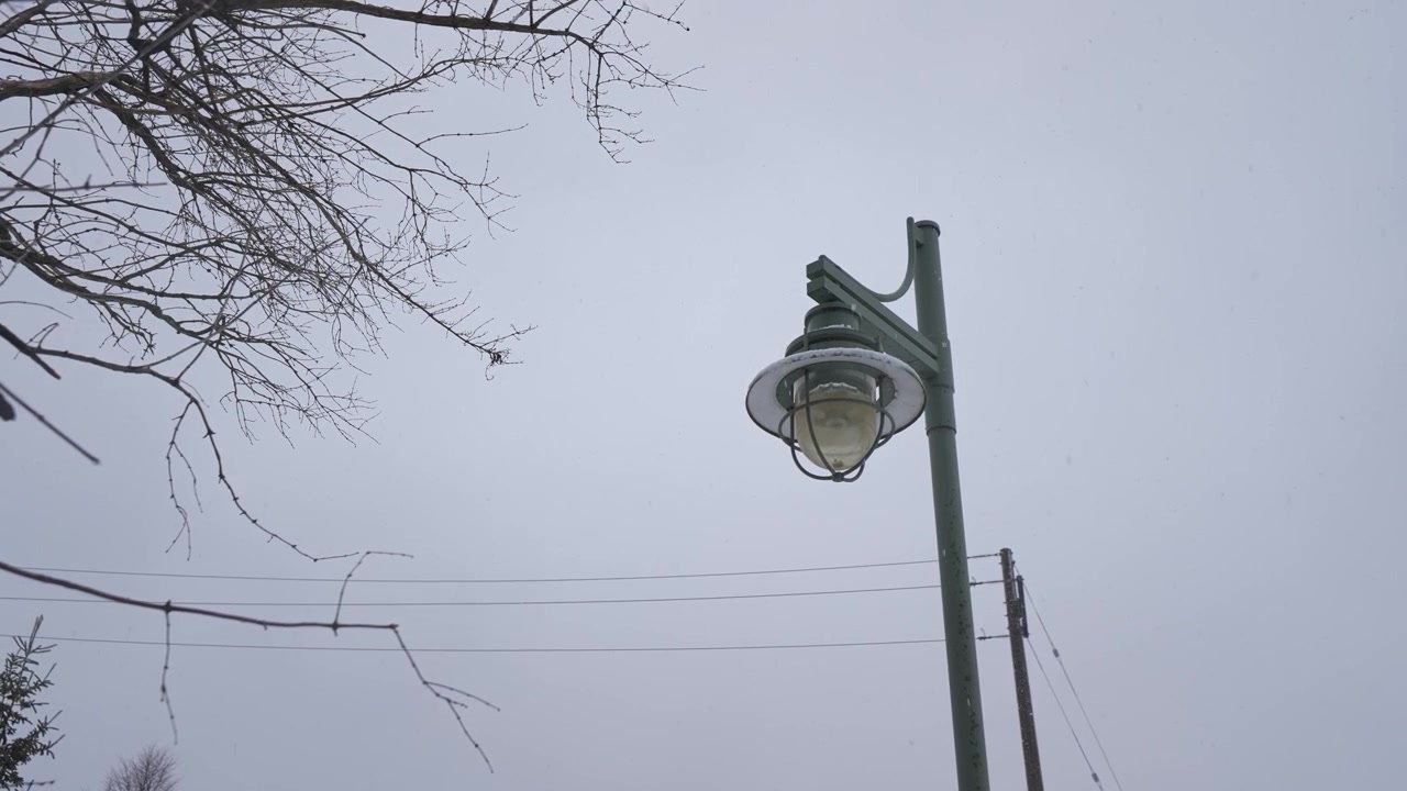 Lampu jalan, tiang lampu yang menyala tertutup salju es yang turun di luar Pabrik Pasokan Air Ajax, Ontario, Kanada, musim dingin, bidikan menengah, lokasi luar ruangan.